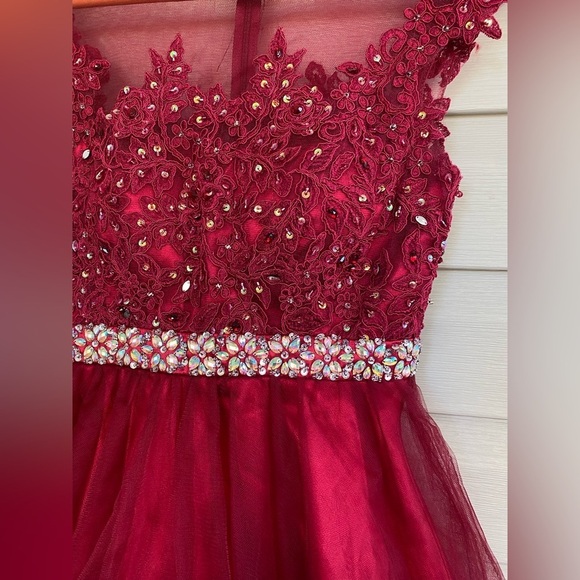 Dancing Queen baby doll red scarlet prom dress mini cap sleeve lace appliqué XS - Picture 13 of 15